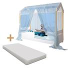 Cama Infantil Montessoriana Solteiro Branco Com Led E Colchão E Voal Azul Divaloto