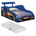 Cama Juvenil 150x70 Carro stock Azul Com Colchão Menino Corrida Proteção Facil Acesso Hot Wheels Relâmpago McQueen Baixa quarto criança Personagem