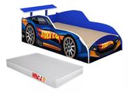 Cama Juvenil Carro stock car Azul Com Colchão Menino Corrida com proteção Facil Acesso Hot Wheels Relâmpago McQueen Baixa quarto criança Personagem