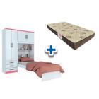 Cama Solteiro + Colchão D33 Comfortpedic + Guarda Roupa Cravo Branco/Rosa