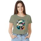 Camisa Camiseta BabyLook Feminina T-shirt 100% Algodão Gato Aquarela Music