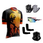Camisa Ciclismo C/ Proteção UV + Luvas Ciclismo + Óculos Esportivo + Manguito + Bandana