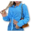 Camisa cropped feminino manga longa listrada botões e amarração moda tendência