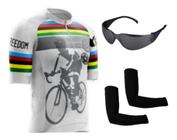 Camisa de Ciclismo Bike Esporte C/ Proteção UV + Óculos Esportivo Preto Antirrisco + Par de Manguitos