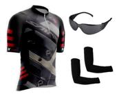 Camisa de Ciclismo Bike Esporte C/ Proteção UV + Óculos Esportivo Preto Antirrisco + Par de Manguitos - XFreedom