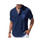 Camisa De Linho Casual Masculina Verão Gola Alta Manga Curta Respirável Solto Básico Bolso Topo