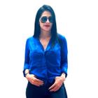 Camisa Feminina Blusa Manga Longa Decote V Bolsos Frontais