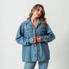 Camisa Jaqueta Jeans Com Bolsos e Lapela Delavê