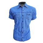 Camisa Jeans Adulto Masculina Manga Curta Dois Bolso Premium