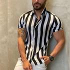 Camisa Masculina Listrada Slim Preta e Branca Manga Curta