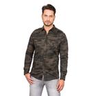 Camisa Social Masculina Manga Longa Sarja Camuflada Militar Verde Militar/Preto G