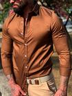 Camisa Social Masculina Slim MangaLonga Acetinada Marrom Chocolate Conquest