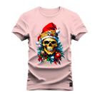 Camiseta Algodão Confortável Estampada Gola Redonda Caveira Clima Natal