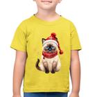 Camiseta Algodão Infantil Gato Natalino Gorro e Cachecol - Foca na Moda