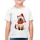 Camiseta Algodão Infantil Gato Natalino Gorro e Cachecol - Foca na Moda