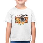 Camiseta Algodão Infantil Máquina Fotográfica Vintage e Flores - Foca na Moda
