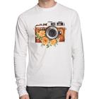 Camiseta Algodão Máquina Fotográfica Vintage e Flores Manga Longa - Foca na Moda