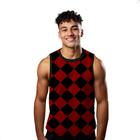 Camiseta Algodão Regata Verão Estilo Moda Praia Xadrez Preto Vermelho 603