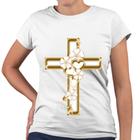 Camiseta Baby Look Cruz Flor Coração Gospel Religiosa