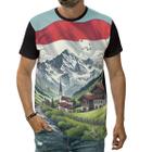 Camiseta Bandeira Da Áustria Flutuando Sobre Os Alpes Arte