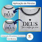 Camiseta Blusa Feminina Branca Com Pérolas Deus Cristã M