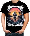 Camiseta Colorida Pesca Esportiva Pôr do Sol Peixes 17