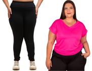 Camiseta De Malha Feminina Academia Blusinhas Blusa Básica Plus Size E Calça Legging Cintura Alta Modeladora Preta Lisa - LoockCasual