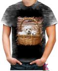 Camiseta Desgaste Cachorrinhos na Cesta Filhotes Fofos 1