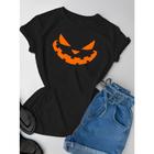 Camiseta Feminina De Halloween Baby Look Modelos Cara De Abóbora Novidade De Halloween