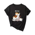 Camiseta Feminina De Verão Com Estampa De Gatos Fofos De Desenho Animado Com Gola Redonda E Manga