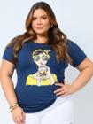 Camiseta Feminina T-shirt Blusa Plus Size Viscolycra Cor Azul Caneta GG Moda Curve Cultura Pop