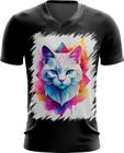 Camiseta Gola V de Gatinho Colorido Neon Vetor 15