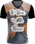 Camiseta Gola V Dryfit I live With Jesus Biblia Gospel 1v