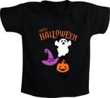 Camiseta Infantil Happy Halloween Fantasma, Abóbora e Chapéu