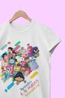 Camiseta infantil menina estampada personagens algodão branca