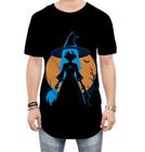 Camiseta Longline Bruxa Halloween Azul Festa 11