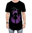 Camiseta Longline Bruxa Halloween Púrpura Festa 13