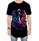 Camiseta Longline de Pavão Colorido Neon Vetor 12