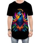 Camiseta Longline de Pavão Colorido Neon Vetor 18