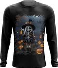 Camiseta Manga Longa Bruxa Caveira Halloween 16