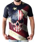 Camiseta Masculina De Caveira Skull USA Bandeira Estados Unidos Camisa Preta Oversized Long