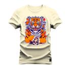 Camiseta Plus Size Estampada Premium Algodão Tigre Pensando