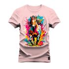 Camiseta Plus Size Forma Grande Gola Redonda Estampada Cavalo Colors