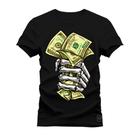 Camiseta Premium Estampada Algodão Confortável Mão Caveira Money