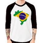 Camiseta Raglan Bandeira Brasil Mapa Manga 3/4 - Foca na Moda