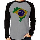 Camiseta Raglan Bandeira Brasil Mapa Manga Longa - Foca na Moda