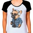 Camiseta Raglan Buldog Francês Cachorro Pet Dog Branca Fem01