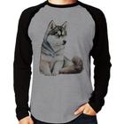 Camiseta Raglan Cachorro Husky Siberiano Manga Longa - Foca na Moda