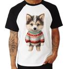 Camiseta Raglan Cachorro Husky Siberiano Natalino - Foca na Moda