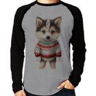 Camiseta Raglan Cachorro Husky Siberiano Natalino Manga Longa - Foca na Moda